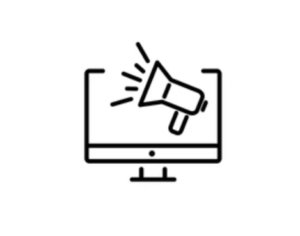Illustration of a bullhorn in front of a computer monitor