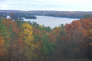 View of Stony Lake from top of hill at Jeffrey Cowan Forest Preserve