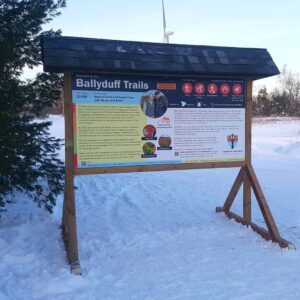 Ballyduff Trails trailhead sign in winter
