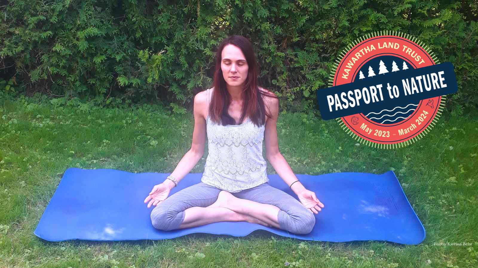 Katrina Behr meditating outdoors (Katrina Behr). Passport to Nature logo.