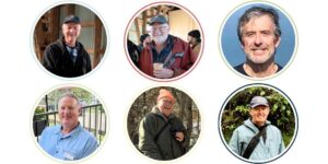Six circle framed images of KLT's 2025 Legacy Volunteers. Left to right, top row: Chris Appleton, Warren Dunlop, Doug Eberlee. Left to right, bottom row: Eric Howe, Ham Keillor-Faulkner, John McWilliams.