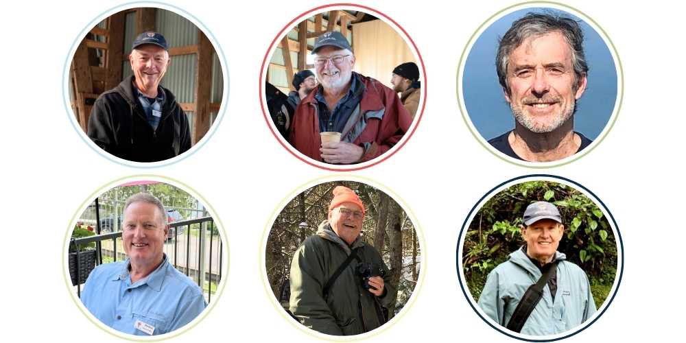 Six circle framed images of KLT's 2025 Legacy Volunteers. Left to right, top row: Chris Appleton, Warren Dunlop, Doug Eberlee. Left to right, bottom row: Eric Howe, Ham Keillor-Faulkner, John McWilliams.