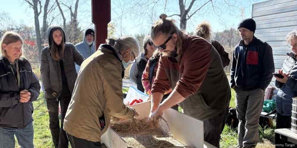 Cody processing seed with another KLT volunteer